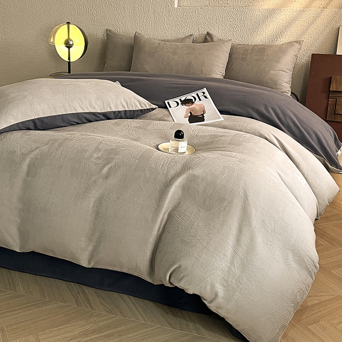 91家纺网 家纺一手货源 找家纺 莱茵家居 2025新款全棉提花贡缎磨毛四件套 银河-灰