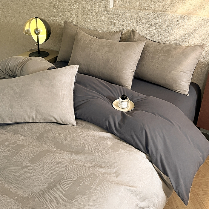 91家纺网 家纺一手货源 找家纺 莱茵家居 2025新款全棉提花贡缎磨毛四件套 银河-灰
