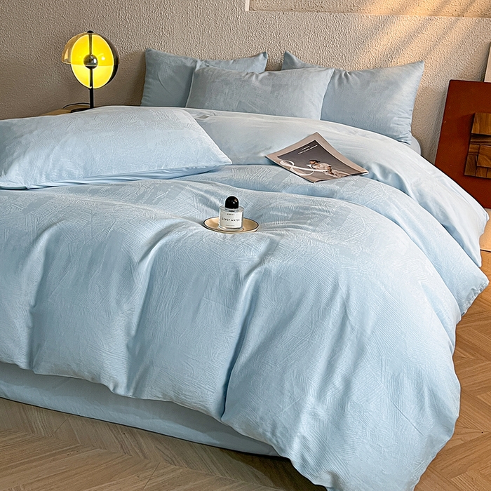 91家纺网 家纺一手货源 找家纺 莱茵家居 2025新款全棉提花贡缎磨毛四件套 银河-蓝