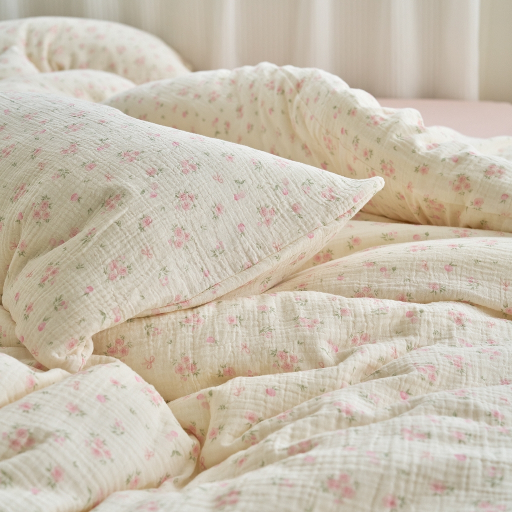 91家纺网 家纺一手货源 找家纺 洋铭区（原狠狠爱） 2025新款皱皱纱A类全棉纯棉人字纹四件套系列 珊瑚粉花