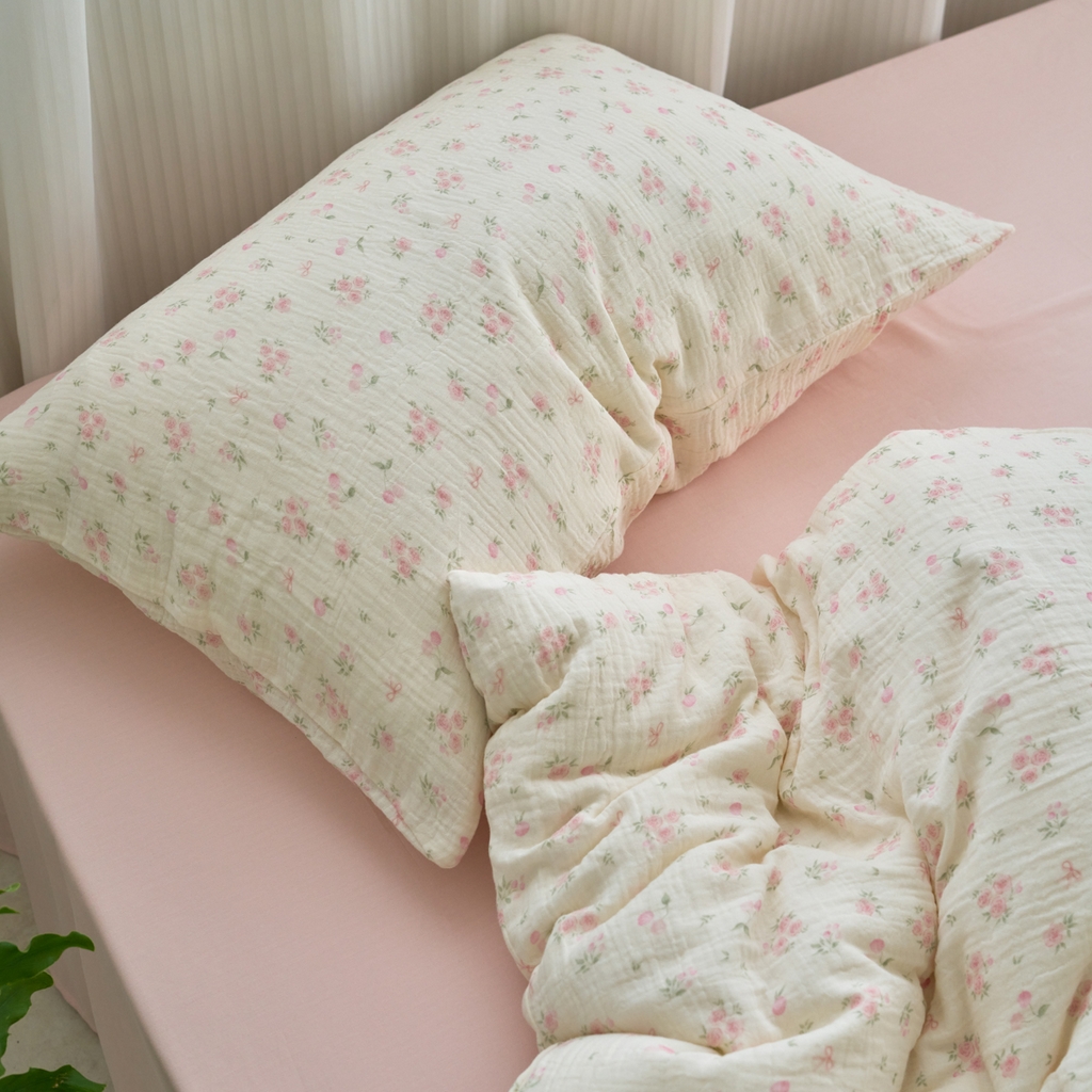 91家纺网 家纺一手货源 找家纺 洋铭区（原狠狠爱） 2025新款皱皱纱A类全棉纯棉人字纹四件套系列 珊瑚粉花