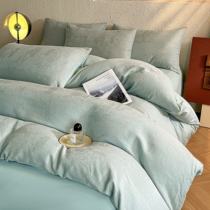 91家纺网 家纺一手货源 找家纺 莱茵家居 2025新款全棉提花贡缎磨毛四件套 银河-绿