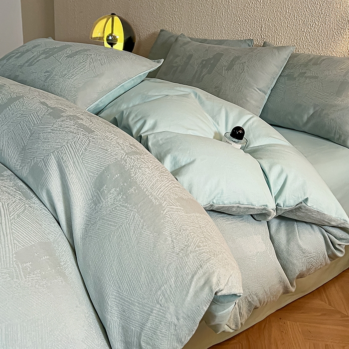 91家纺网 家纺一手货源 找家纺 莱茵家居 2025新款全棉提花贡缎磨毛四件套 银河-绿