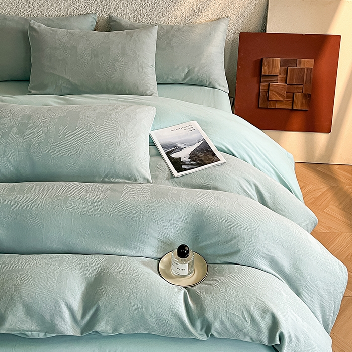 91家纺网 家纺一手货源 找家纺 莱茵家居 2025新款全棉提花贡缎磨毛四件套 银河-绿