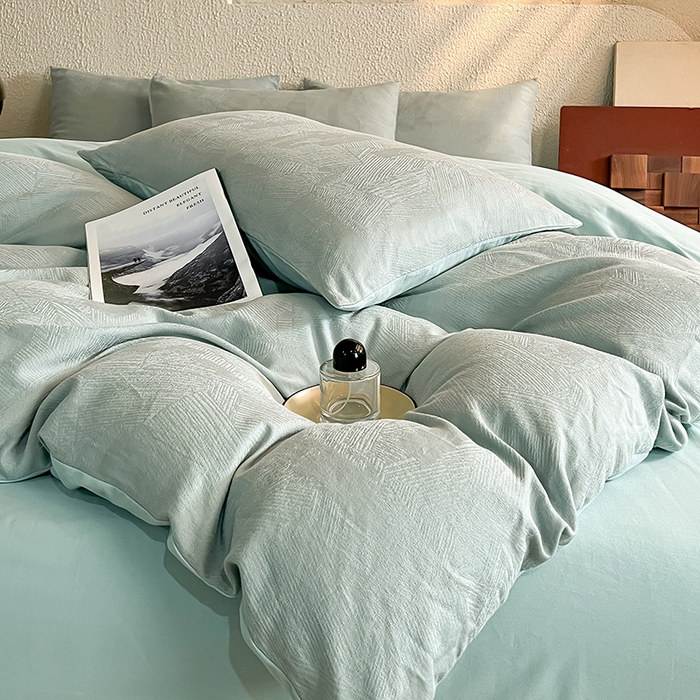 91家纺网 家纺一手货源 找家纺 莱茵家居 2025新款全棉提花贡缎磨毛四件套 银河-绿