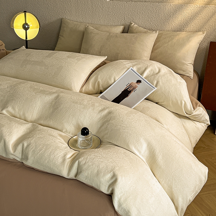 91家纺网 家纺一手货源 找家纺 莱茵家居 2025新款全棉提花贡缎磨毛四件套 银河-奶咖