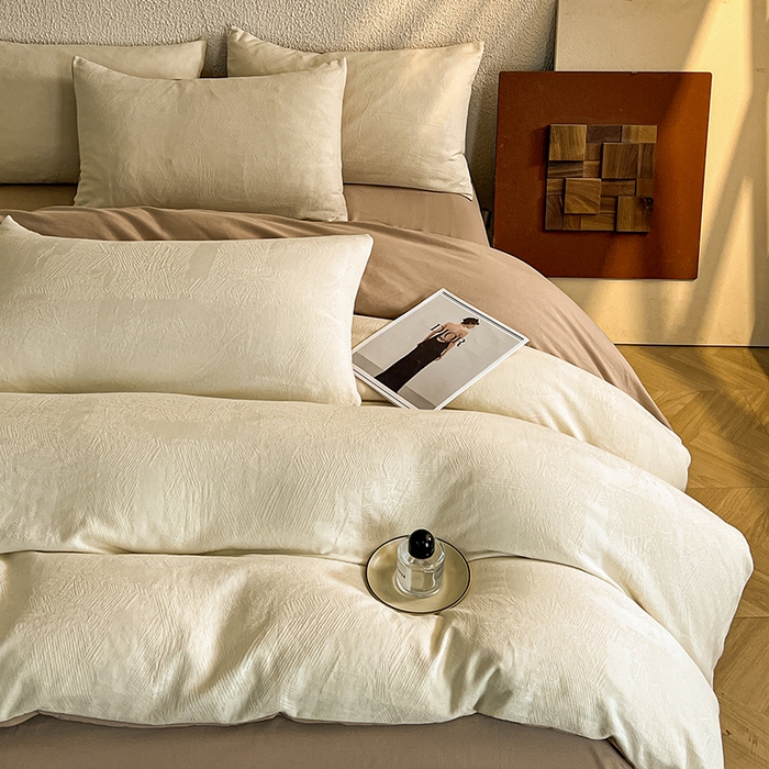 91家纺网 家纺一手货源 找家纺 莱茵家居 2025新款全棉提花贡缎磨毛四件套 银河-奶咖