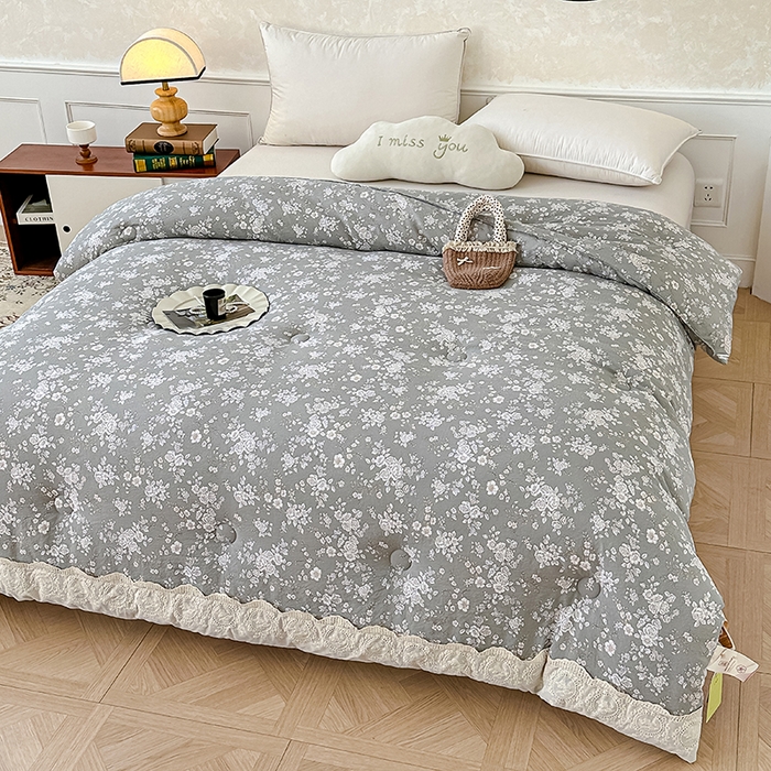 91家纺网 家纺一手货源 找家纺 芯恋 25年新款亚麻风全棉花边云感冬被四季被加厚冬被 落霞