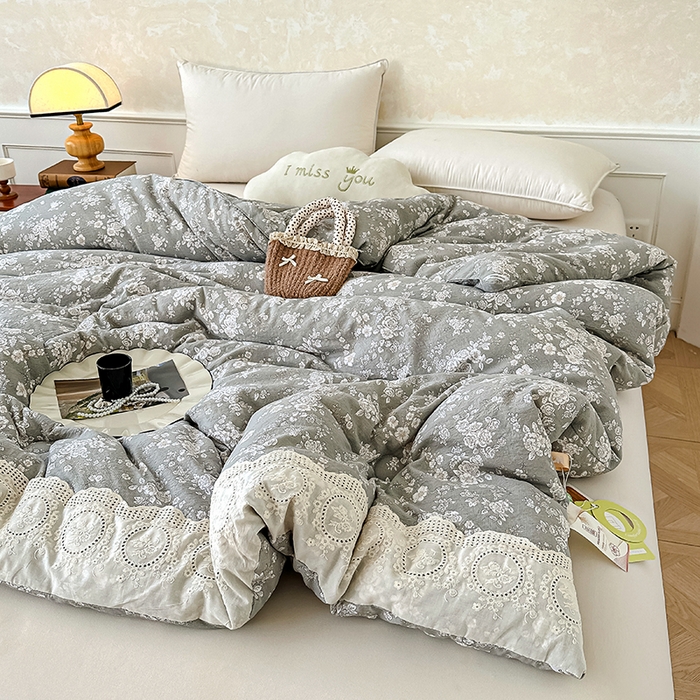 91家纺网 家纺一手货源 找家纺 芯恋 25年新款亚麻风全棉花边云感冬被四季被加厚冬被 落霞