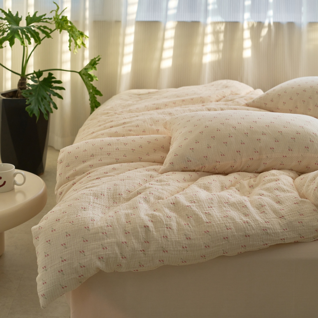 91家纺网 家纺一手货源 找家纺 洋铭区（原狠狠爱） 2025新款皱皱纱A类全棉纯棉人字纹四件套系列 果果红