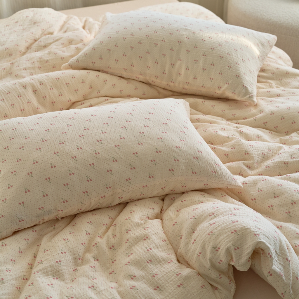 91家纺网 家纺一手货源 找家纺 洋铭区（原狠狠爱） 2025新款皱皱纱A类全棉纯棉人字纹四件套系列 果果红