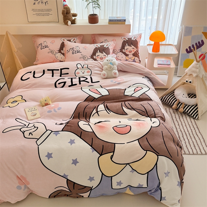 91家纺网 家纺一手货源 找家纺 潮邦创意家居 2025新款大版卡通牛奶绒四件套 活泼女孩