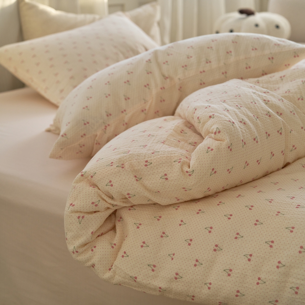 91家纺网 家纺一手货源 找家纺 洋铭区（原狠狠爱） 2025新款皱皱纱A类全棉纯棉人字纹四件套系列 果果红