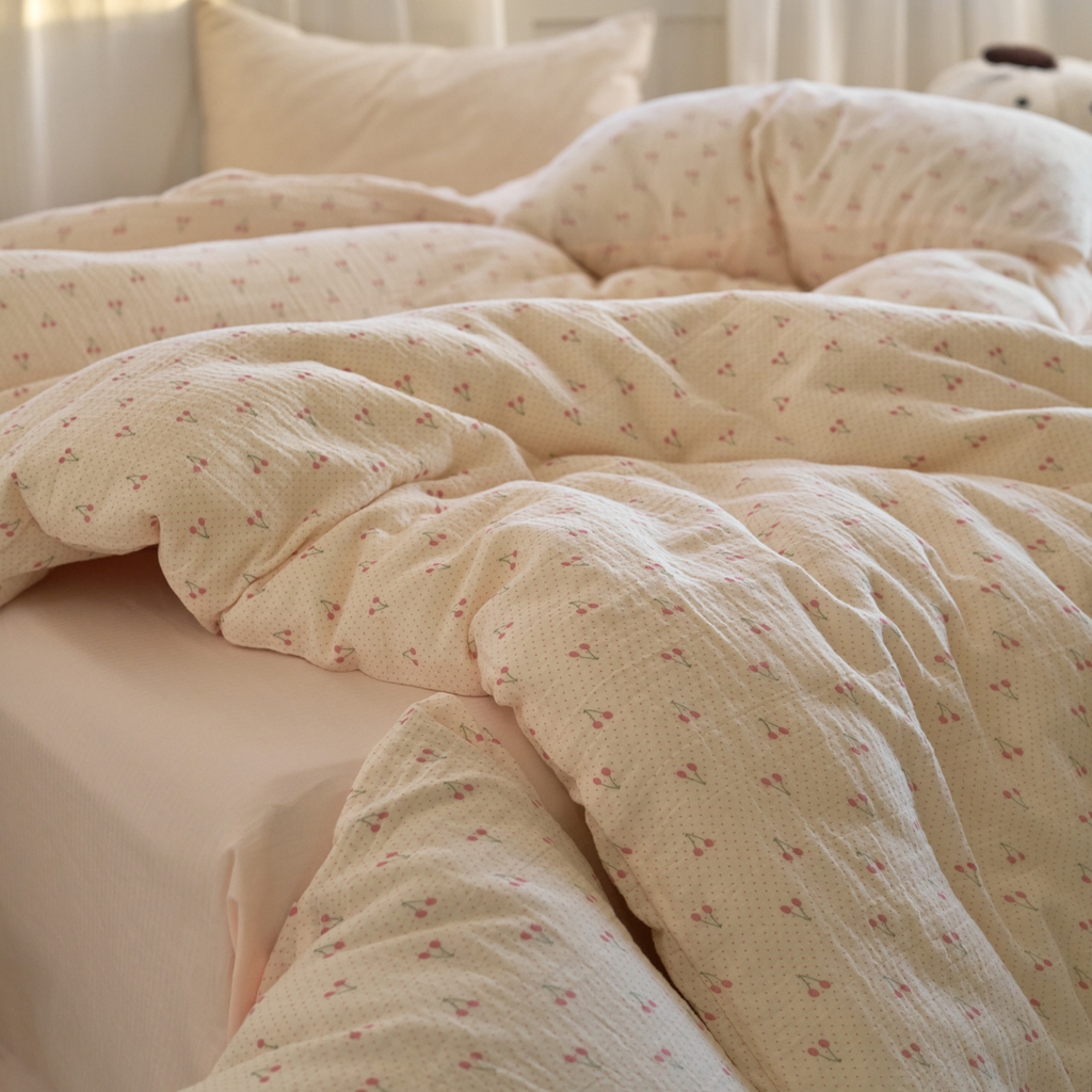 91家纺网 家纺一手货源 找家纺 洋铭区（原狠狠爱） 2025新款皱皱纱A类全棉纯棉人字纹四件套系列 果果红