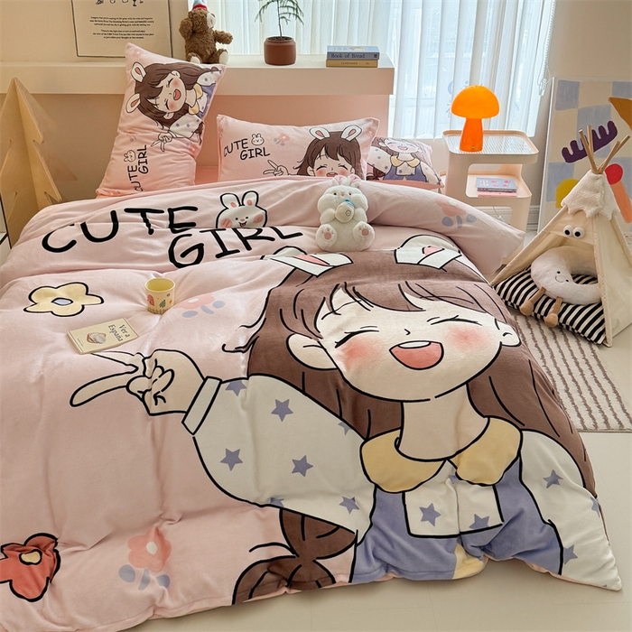 91家纺网 家纺一手货源 找家纺 潮邦创意家居 2025新款大版卡通牛奶绒四件套 活泼女孩