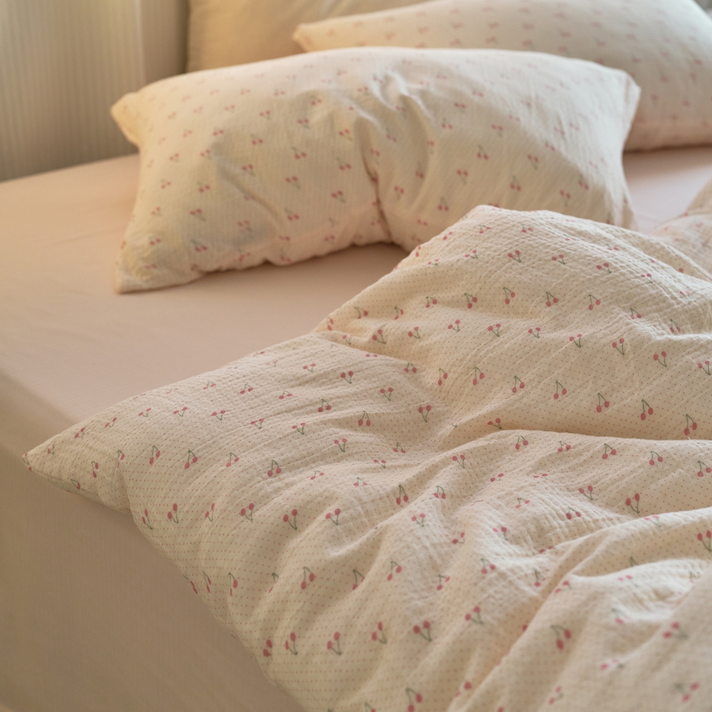 91家纺网 家纺一手货源 找家纺 洋铭区（原狠狠爱） 2025新款皱皱纱A类全棉纯棉人字纹四件套系列 果果红