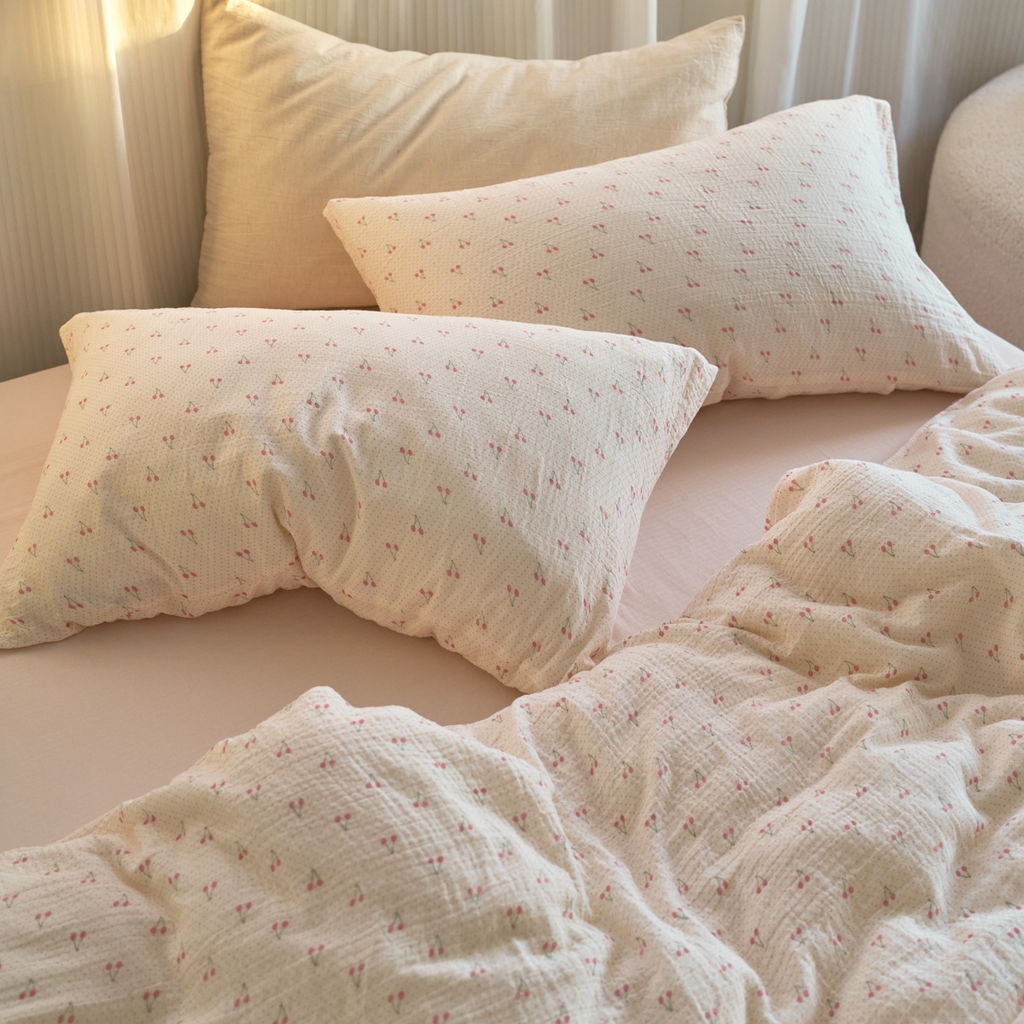 91家纺网 家纺一手货源 找家纺 洋铭区（原狠狠爱） 2025新款皱皱纱A类全棉纯棉人字纹四件套系列 果果红