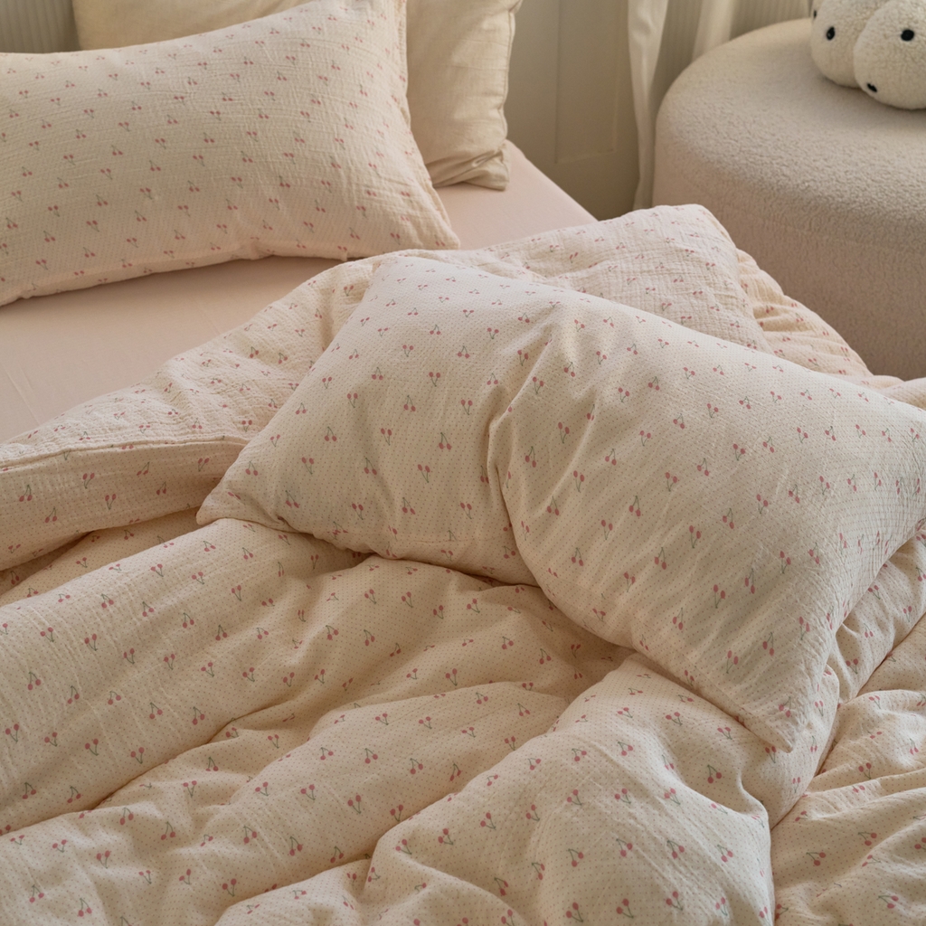 91家纺网 家纺一手货源 找家纺 洋铭区（原狠狠爱） 2025新款皱皱纱A类全棉纯棉人字纹四件套系列 果果红