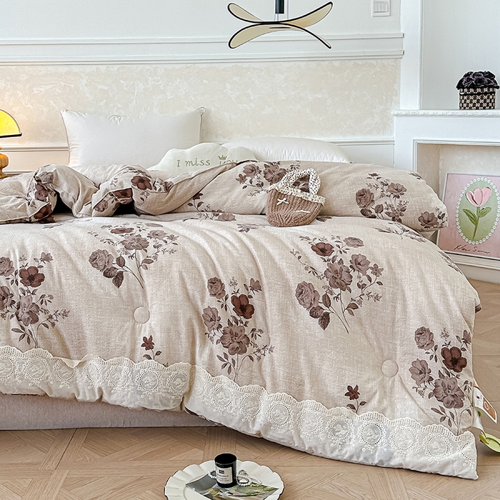 91家纺网 家纺一手货源 找家纺 芯恋 25年新款亚麻风全棉花边云感冬被四季被加厚冬被 晚秋