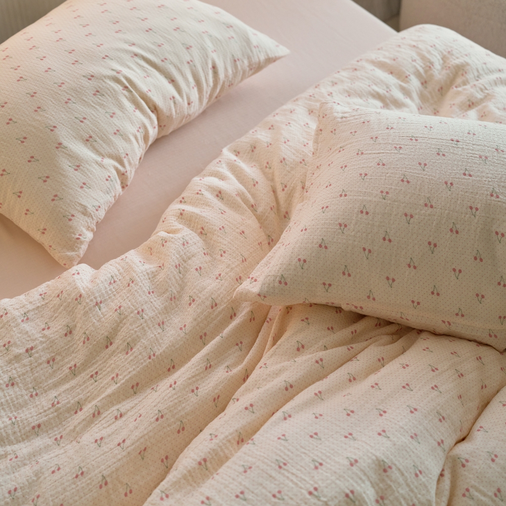 91家纺网 家纺一手货源 找家纺 洋铭区（原狠狠爱） 2025新款皱皱纱A类全棉纯棉人字纹四件套系列 果果红