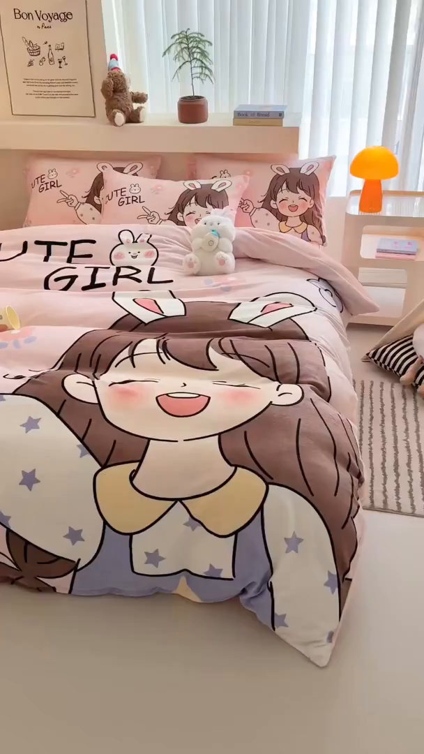 91家纺网 家纺一手货源 找家纺 潮邦创意家居 2025新款大版卡通牛奶绒四件套 活泼女孩