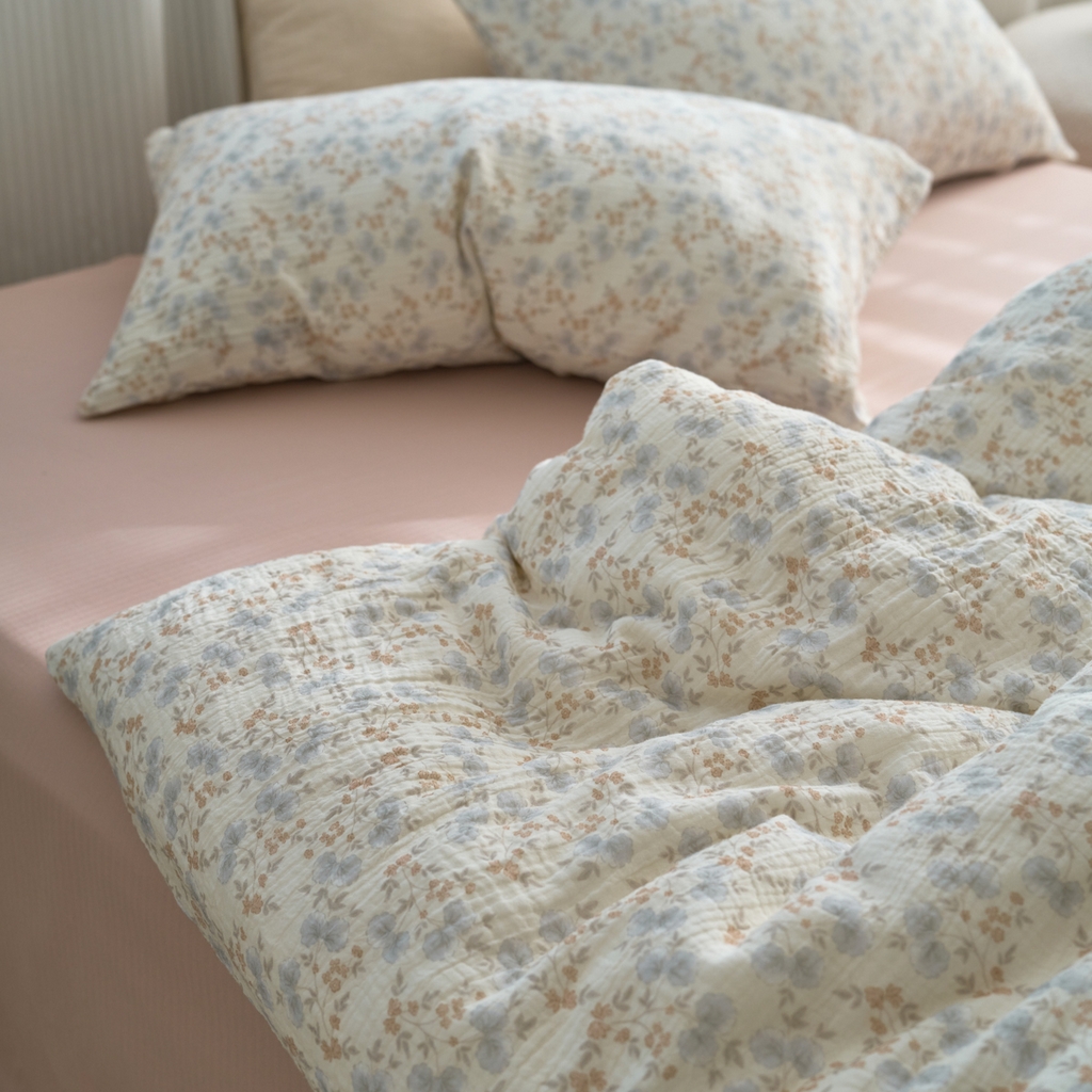 91家纺网 家纺一手货源 找家纺 洋铭区（原狠狠爱） 2025新款皱皱纱A类全棉纯棉人字纹四件套系列 麦穗小花