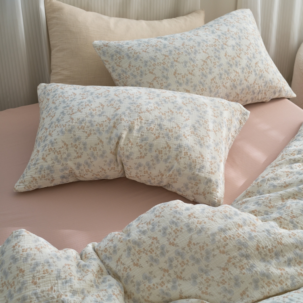 91家纺网 家纺一手货源 找家纺 洋铭区（原狠狠爱） 2025新款皱皱纱A类全棉纯棉人字纹四件套系列 麦穗小花