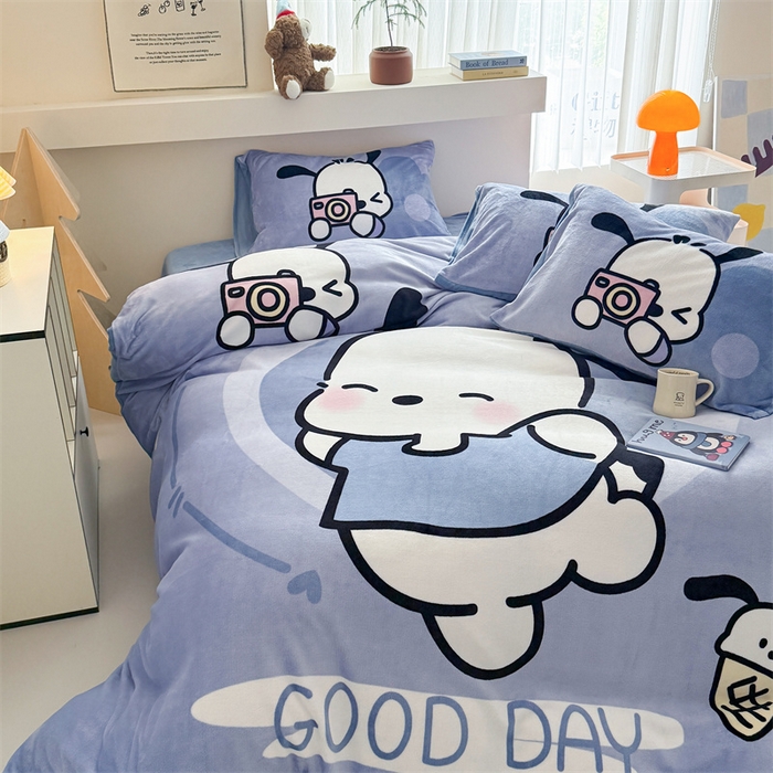 91家纺网 家纺一手货源 找家纺 潮邦创意家居 2025新款大版卡通牛奶绒四件套 机灵狗狗