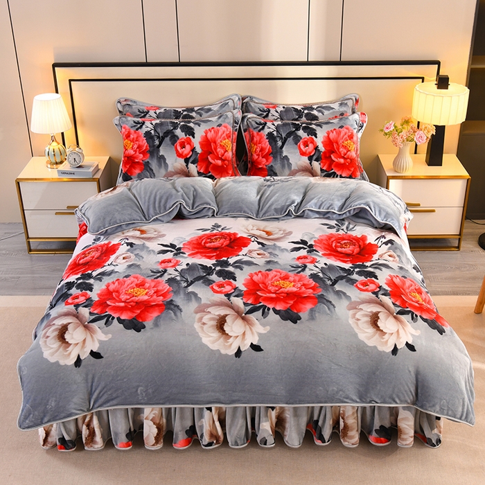 91家纺网 家纺一手货源 找家纺 雨洋2025新款加厚保暖8.5斤牛奶绒金貂婴儿绒四件套 国色牡丹