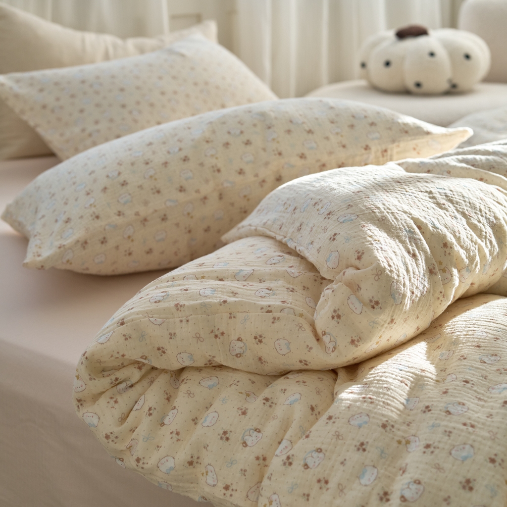 91家纺网 家纺一手货源 找家纺 洋铭区（原狠狠爱） 2025新款皱皱纱A类全棉纯棉人字纹四件套系列 猫咪花