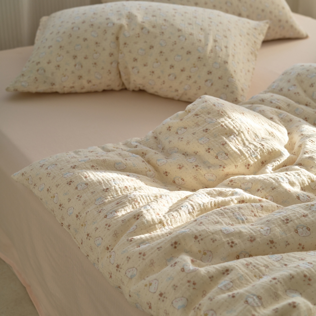 91家纺网 家纺一手货源 找家纺 洋铭区（原狠狠爱） 2025新款皱皱纱A类全棉纯棉人字纹四件套系列 猫咪花