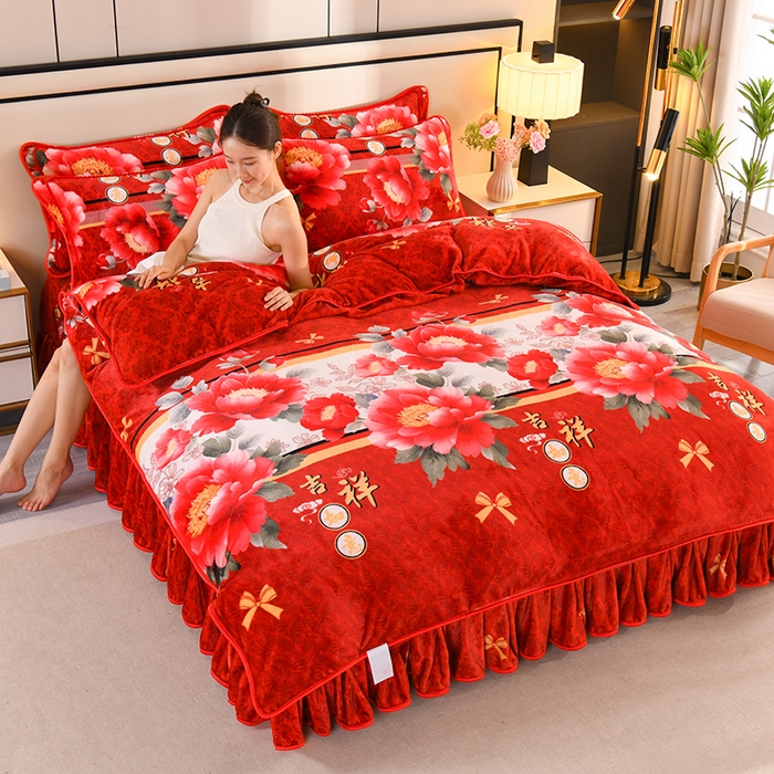 91家纺网 家纺一手货源 找家纺 雨洋2025新款加厚保暖8.5斤牛奶绒金貂婴儿绒四件套 吉祥如意