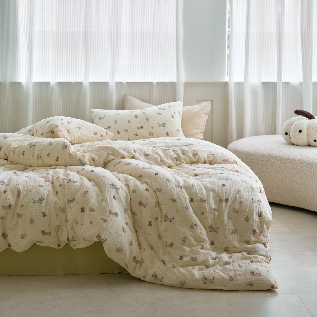 洋铭区（原狠狠爱） 2025新款皱皱纱A类全棉纯棉人字纹四件套系列 星星小狗