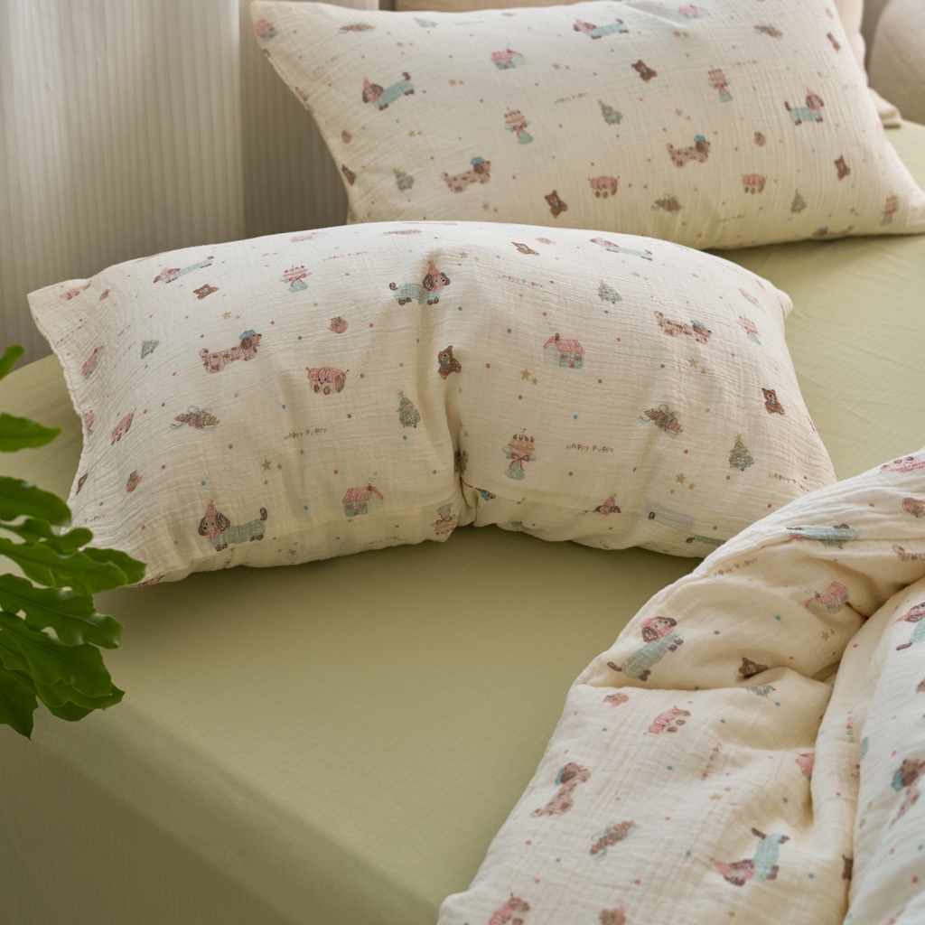 91家纺网 家纺一手货源 找家纺 洋铭区（原狠狠爱） 2025新款皱皱纱A类全棉纯棉人字纹四件套系列 星星小狗