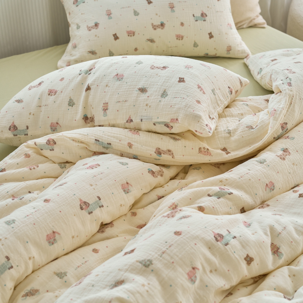 91家纺网 家纺一手货源 找家纺 洋铭区（原狠狠爱） 2025新款皱皱纱A类全棉纯棉人字纹四件套系列 星星小狗