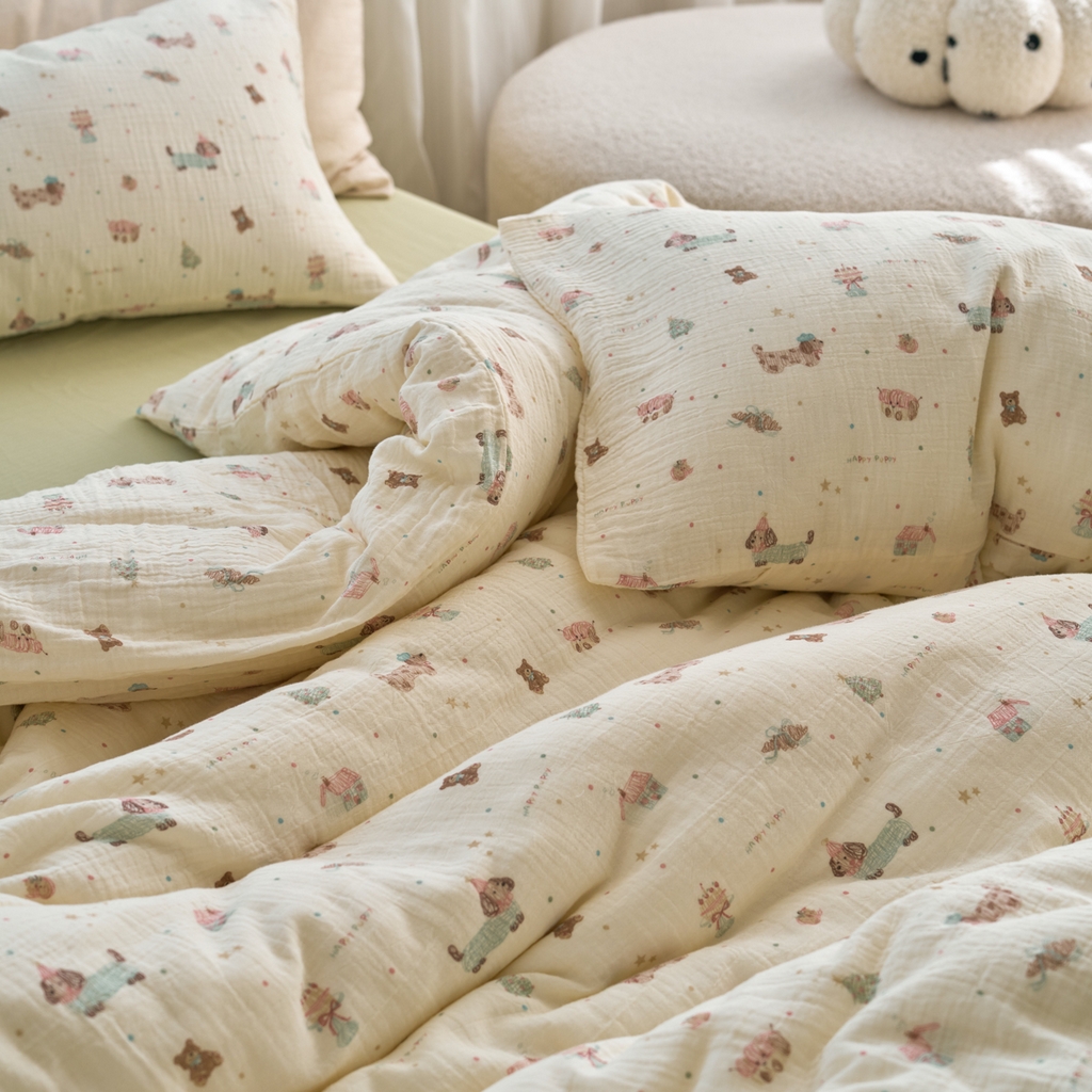 91家纺网 家纺一手货源 找家纺 洋铭区（原狠狠爱） 2025新款皱皱纱A类全棉纯棉人字纹四件套系列 星星小狗