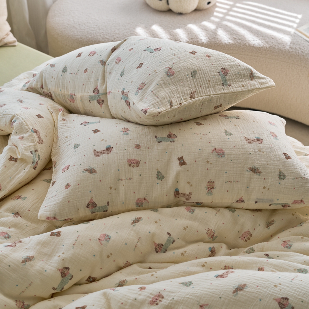 91家纺网 家纺一手货源 找家纺 洋铭区（原狠狠爱） 2025新款皱皱纱A类全棉纯棉人字纹四件套系列 星星小狗