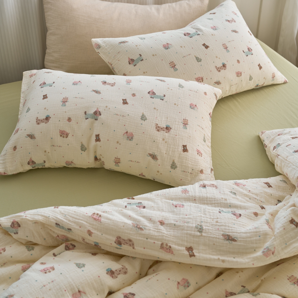 91家纺网 家纺一手货源 找家纺 洋铭区（原狠狠爱） 2025新款皱皱纱A类全棉纯棉人字纹四件套系列 星星小狗