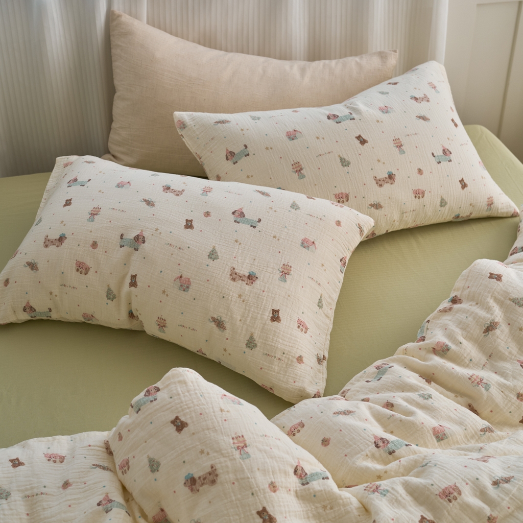 91家纺网 家纺一手货源 找家纺 洋铭区（原狠狠爱） 2025新款皱皱纱A类全棉纯棉人字纹四件套系列 星星小狗