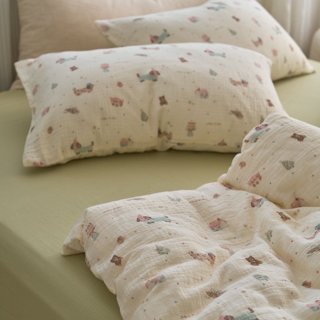 91家纺网 家纺一手货源 找家纺 洋铭区（原狠狠爱） 2025新款皱皱纱A类全棉纯棉人字纹四件套系列 星星小狗