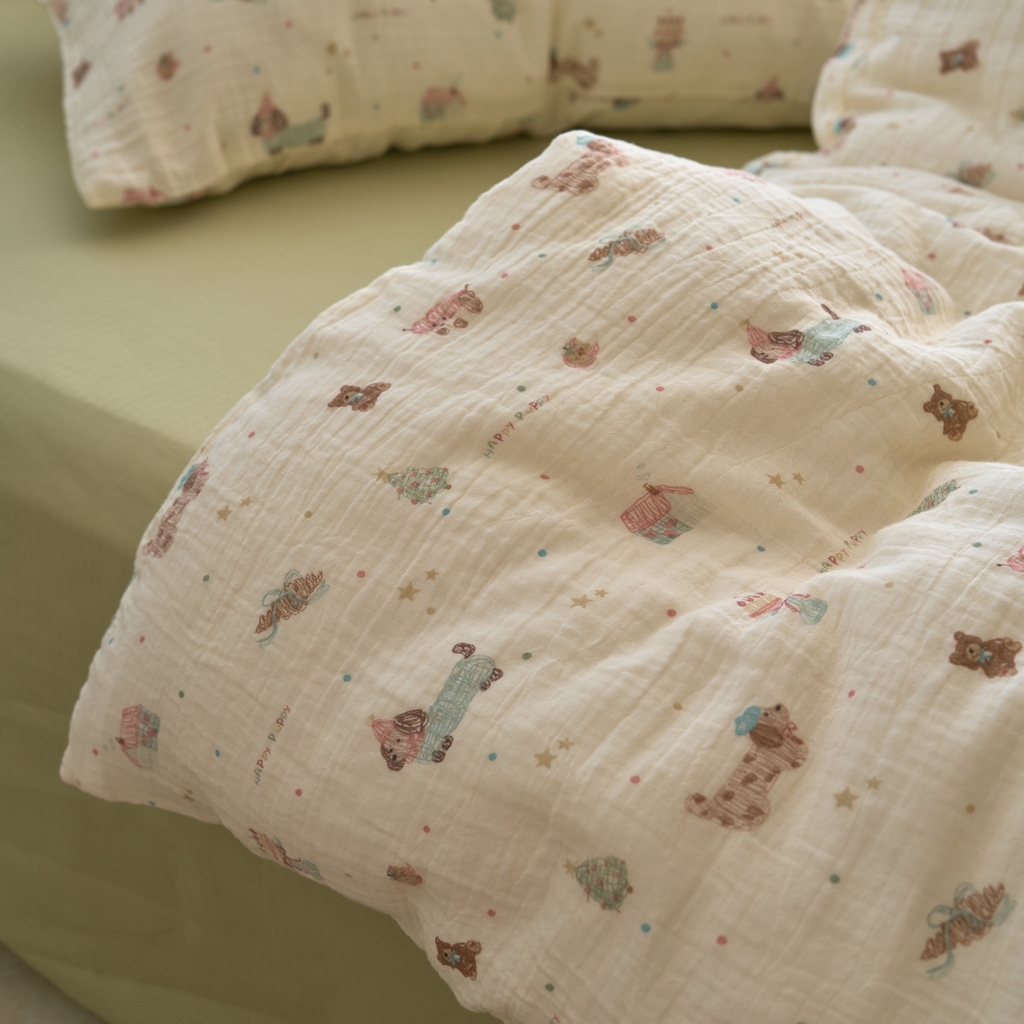 91家纺网 家纺一手货源 找家纺 洋铭区（原狠狠爱） 2025新款皱皱纱A类全棉纯棉人字纹四件套系列 星星小狗