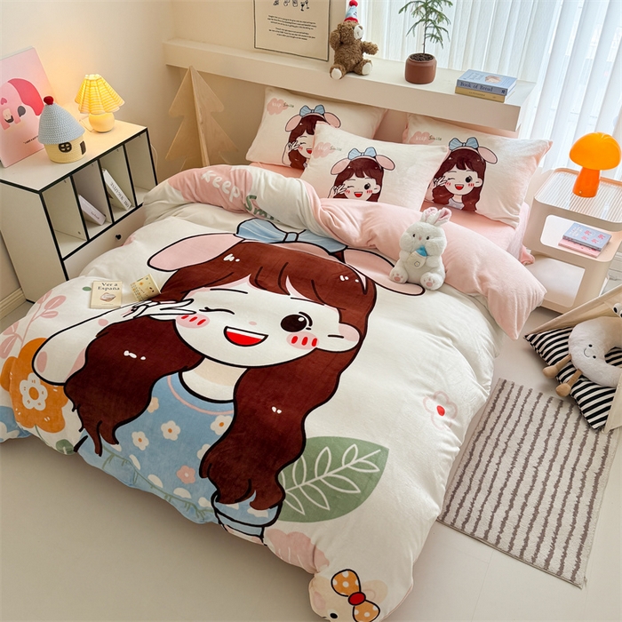 91家纺网 家纺一手货源 找家纺 潮邦创意家居 2025新款大版卡通牛奶绒四件套 可爱女孩