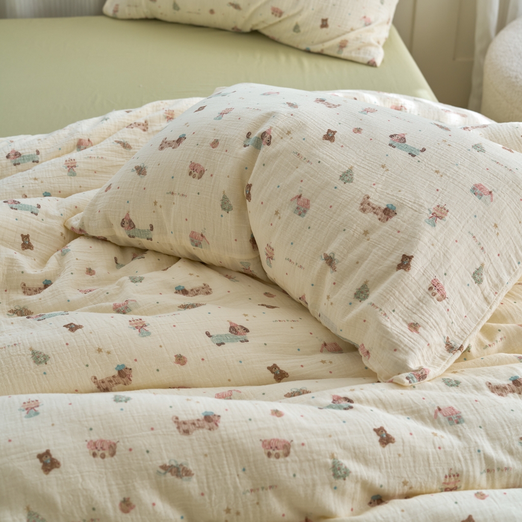 91家纺网 家纺一手货源 找家纺 洋铭区（原狠狠爱） 2025新款皱皱纱A类全棉纯棉人字纹四件套系列 星星小狗