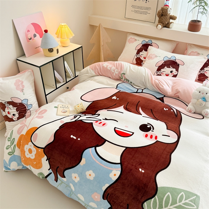 91家纺网 家纺一手货源 找家纺 潮邦创意家居 2025新款大版卡通牛奶绒四件套 可爱女孩