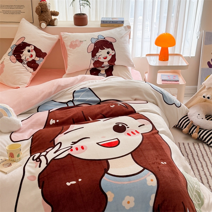 91家纺网 家纺一手货源 找家纺 潮邦创意家居 2025新款大版卡通牛奶绒四件套 可爱女孩