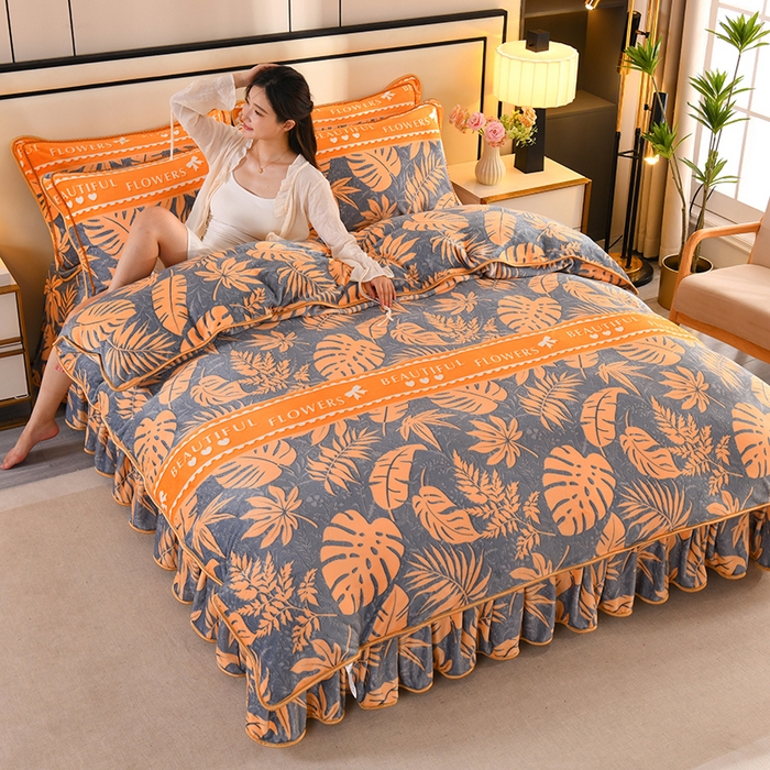 91家纺网 家纺一手货源 找家纺 雨洋2025新款加厚保暖8.5斤牛奶绒金貂婴儿绒四件套 秋意