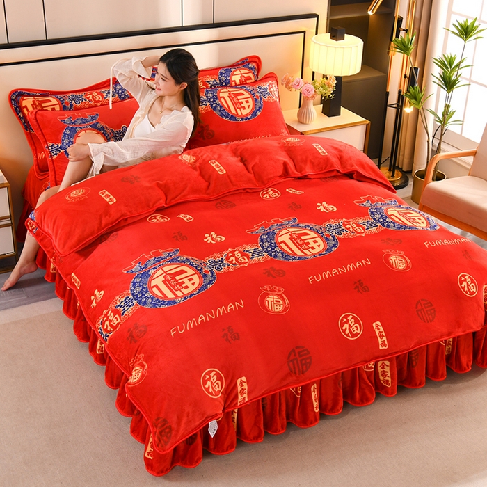 91家纺网 家纺一手货源 找家纺 雨洋2025新款加厚保暖8.5斤牛奶绒金貂婴儿绒四件套 全家福