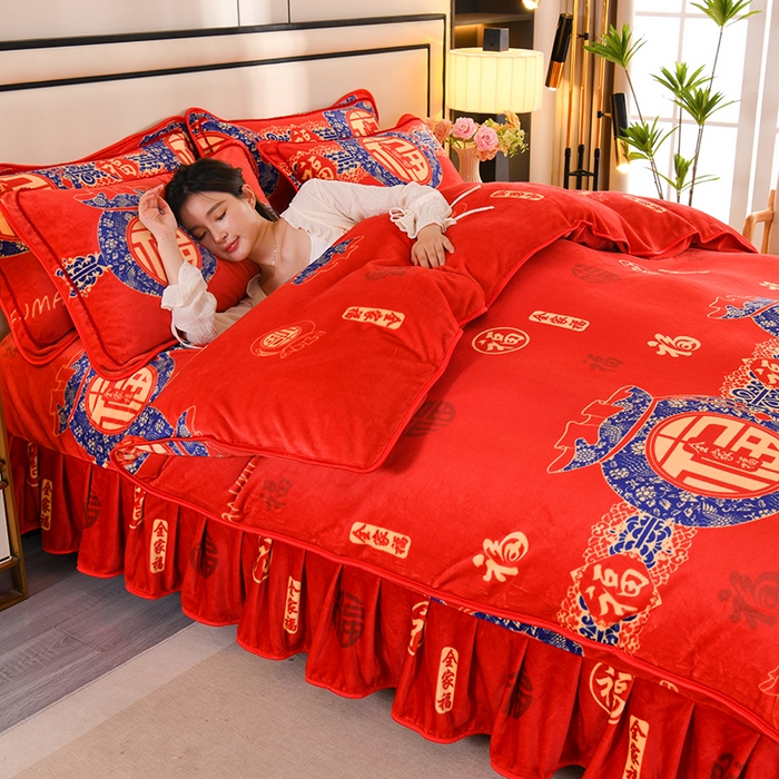 91家纺网 家纺一手货源 找家纺 雨洋2025新款加厚保暖8.5斤牛奶绒金貂婴儿绒四件套 全家福