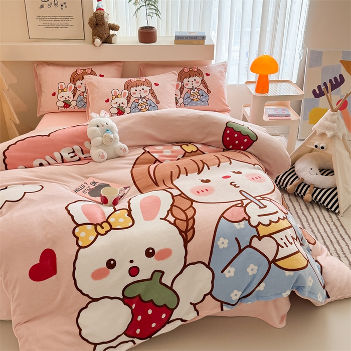 91家纺网 家纺一手货源 找家纺 潮邦创意家居 2025新款大版卡通牛奶绒四件套 女孩与兔