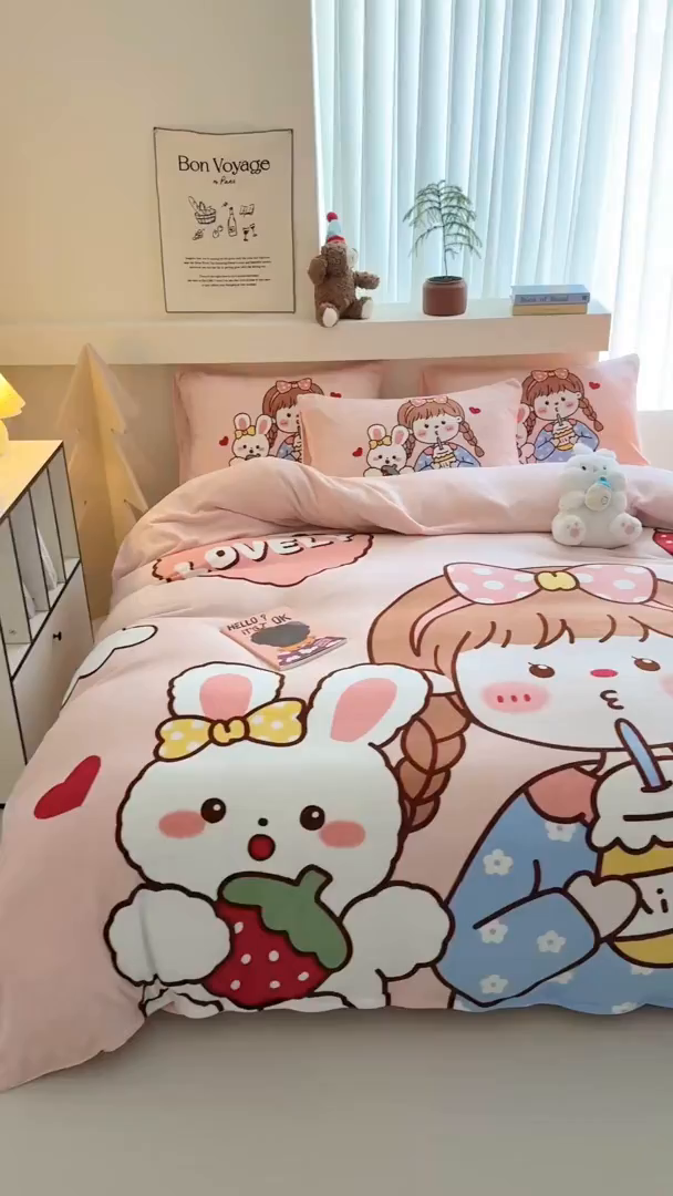 91家纺网 家纺一手货源 找家纺 潮邦创意家居 2025新款大版卡通牛奶绒四件套 女孩与兔